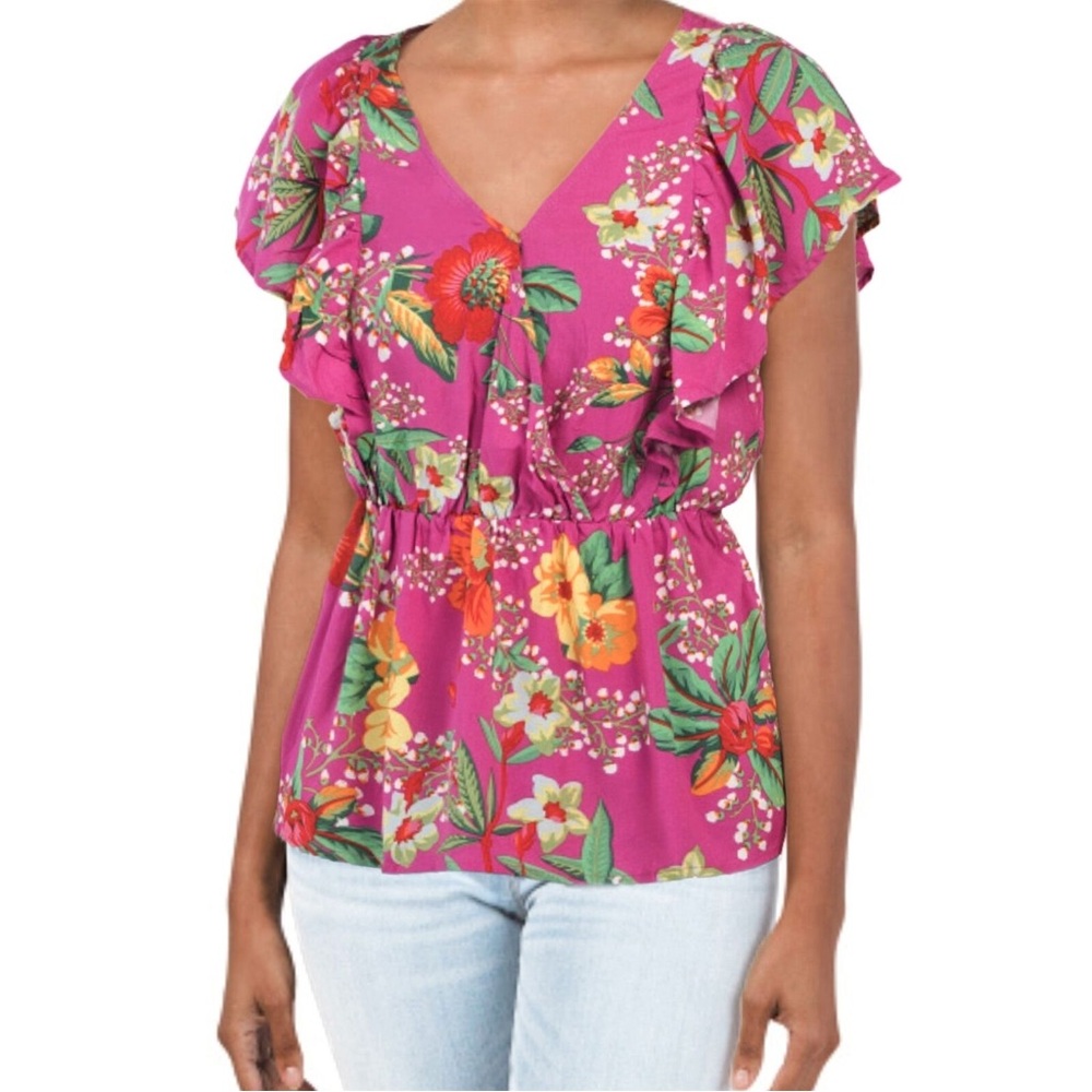 Rachel Zoe Floral Surplice V Neck Faux Wrap Tie Waist Flutter Sleeve Blouse 2X